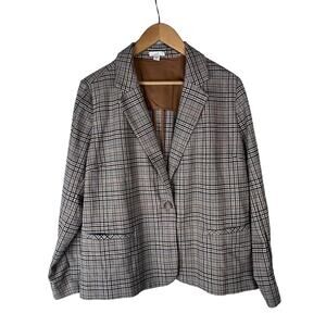 J Jill Plaid Blazer Sz M Brown Single Button Oversized Equestrian Preppy Capsule
